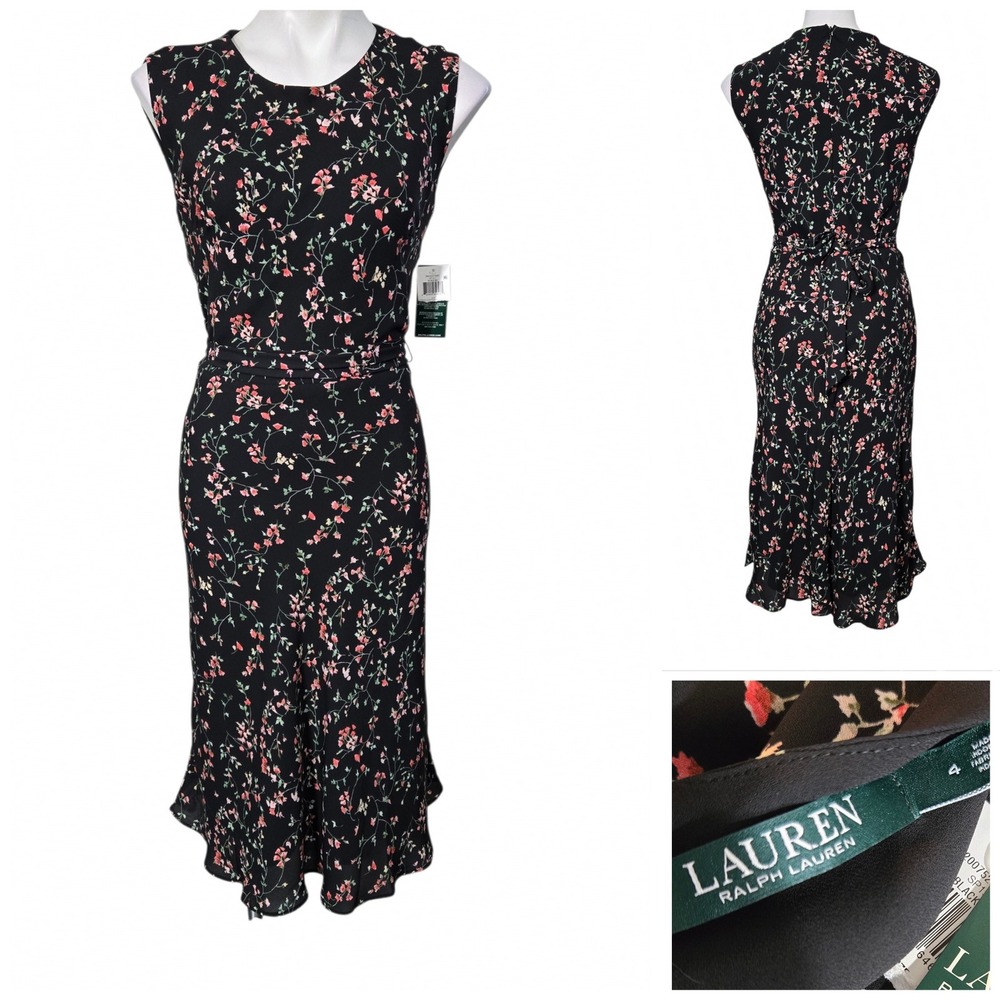 Lauren Ralph Lauren Black Floral Sleeveless Midi Dress Tie Back Size 4 NWT